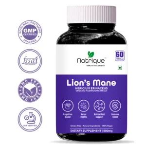 Natrique’s Lion’s Mane Mushroom Extract (Hericium Erinaceus) – Cognitive Support & Mental Clarity, 500mg | 60 Tablets | 2 Month Supply
