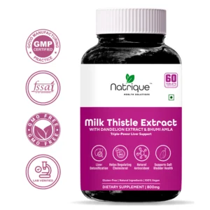 Natrique's Milk Thistle Extract with Dandelion Extract & Bhumi Amla – Triple-Power Liver Support Formula, 80% Silymarin | 60 Tablets | 2 Month Supply