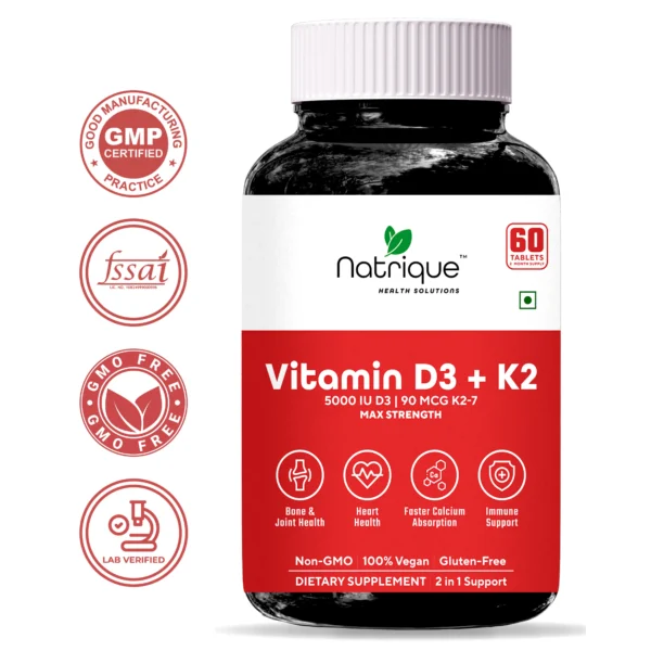 Natrique's High-Strength Vitamin D3 & K2 Tablets | Dual-Action | Bone & Heart Support Formula, 5000 IU D3 & 90 mcg K2-7 | 60 Tablets | 2 Month Supply