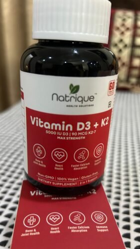 Click to view full screen Natrique's High-Strength Vitamin D3 & K2 Tablets | Dual-Action | Bone & Heart Support Formula, 5000 IU D3 & 90 mcg K2-7 | 60 Tablets | 2 Month Supply photo review